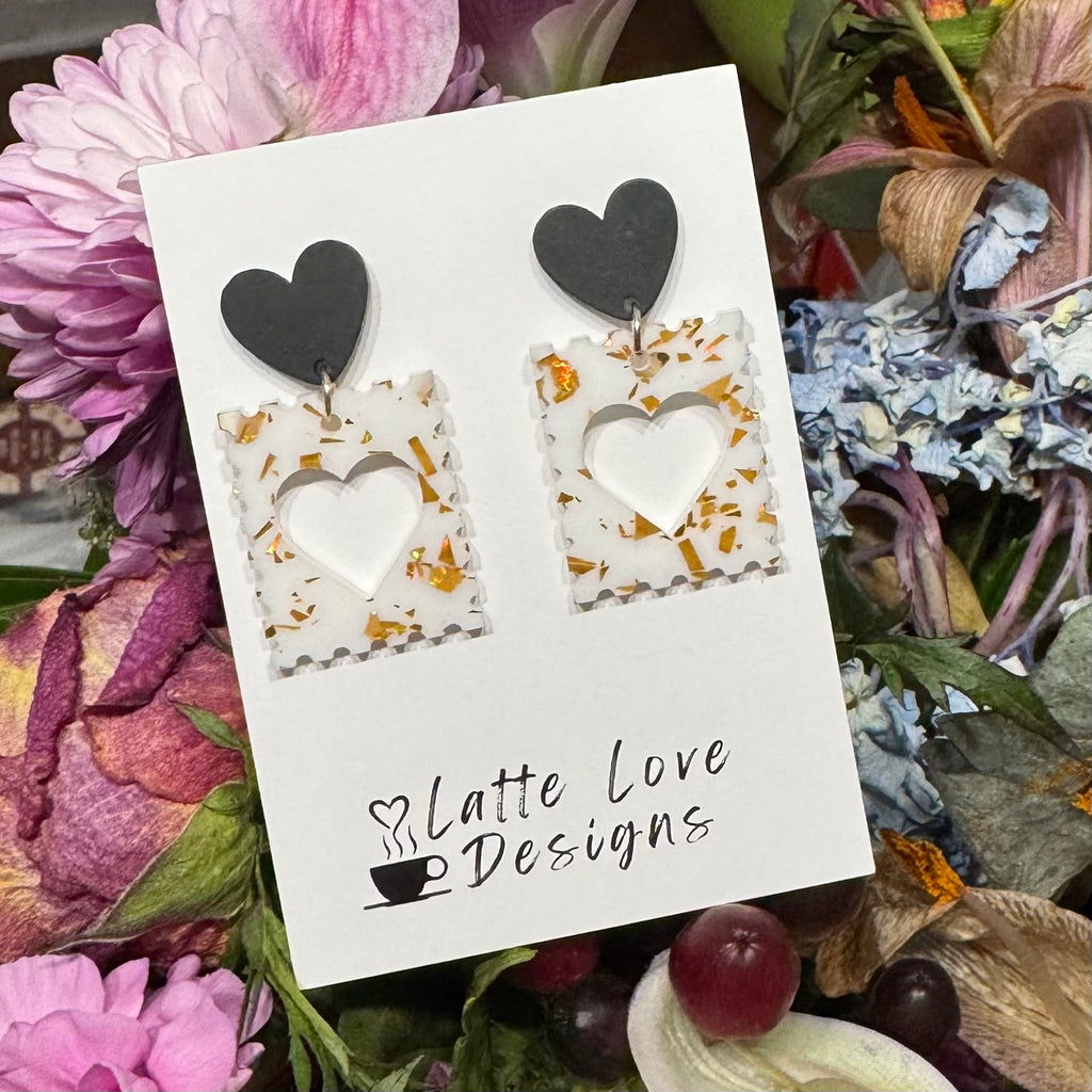 Glitter Heart Postage Stamp Earrings