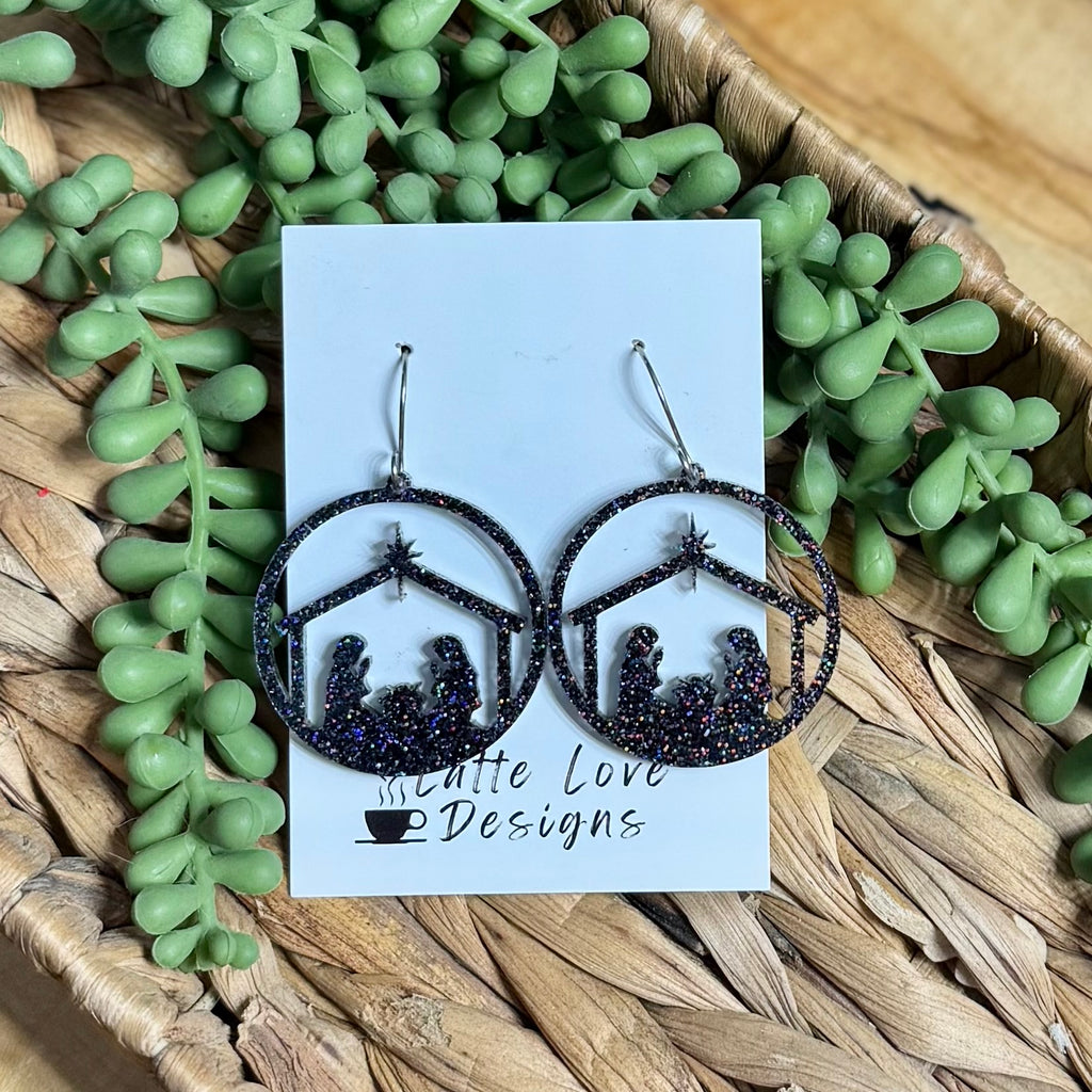 Black Rainbow Glitter Circle Nativity Earringies