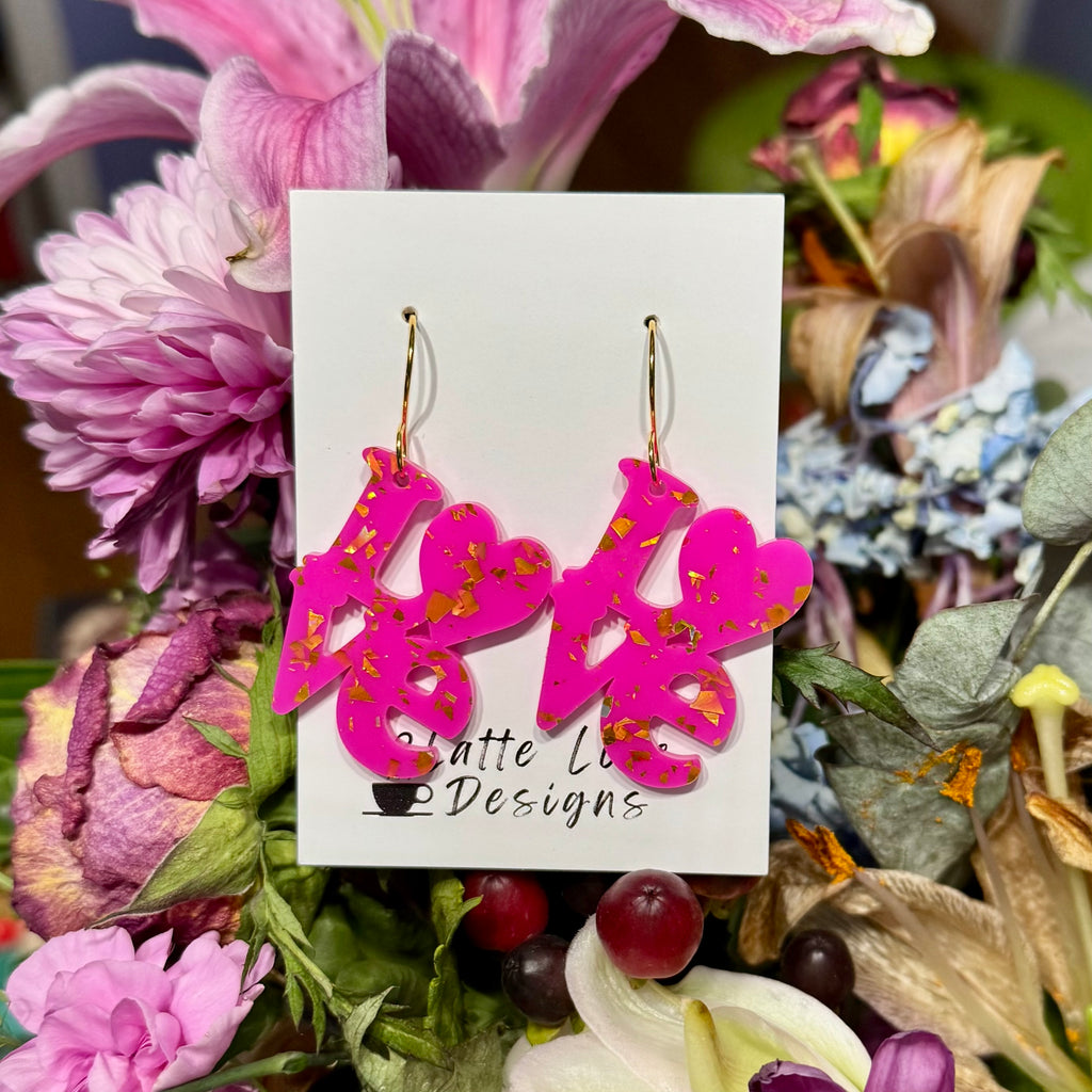 Hot Pink and Gold Glitter Flake LOVE earrings